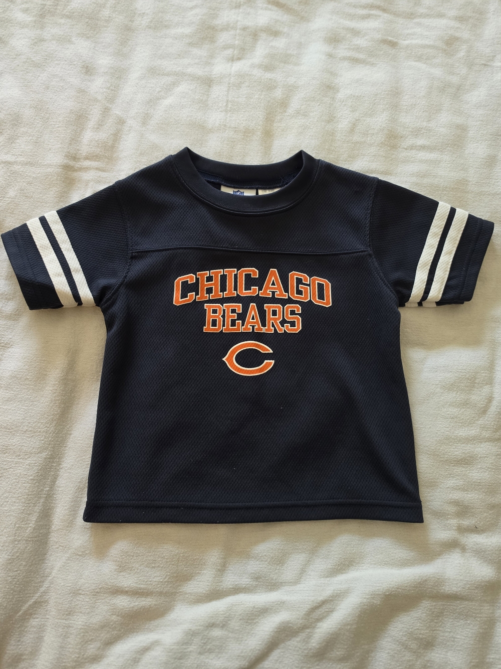 NFL Chicago Bears Navy Tee with Orange Logo and White Sleeve Stripes